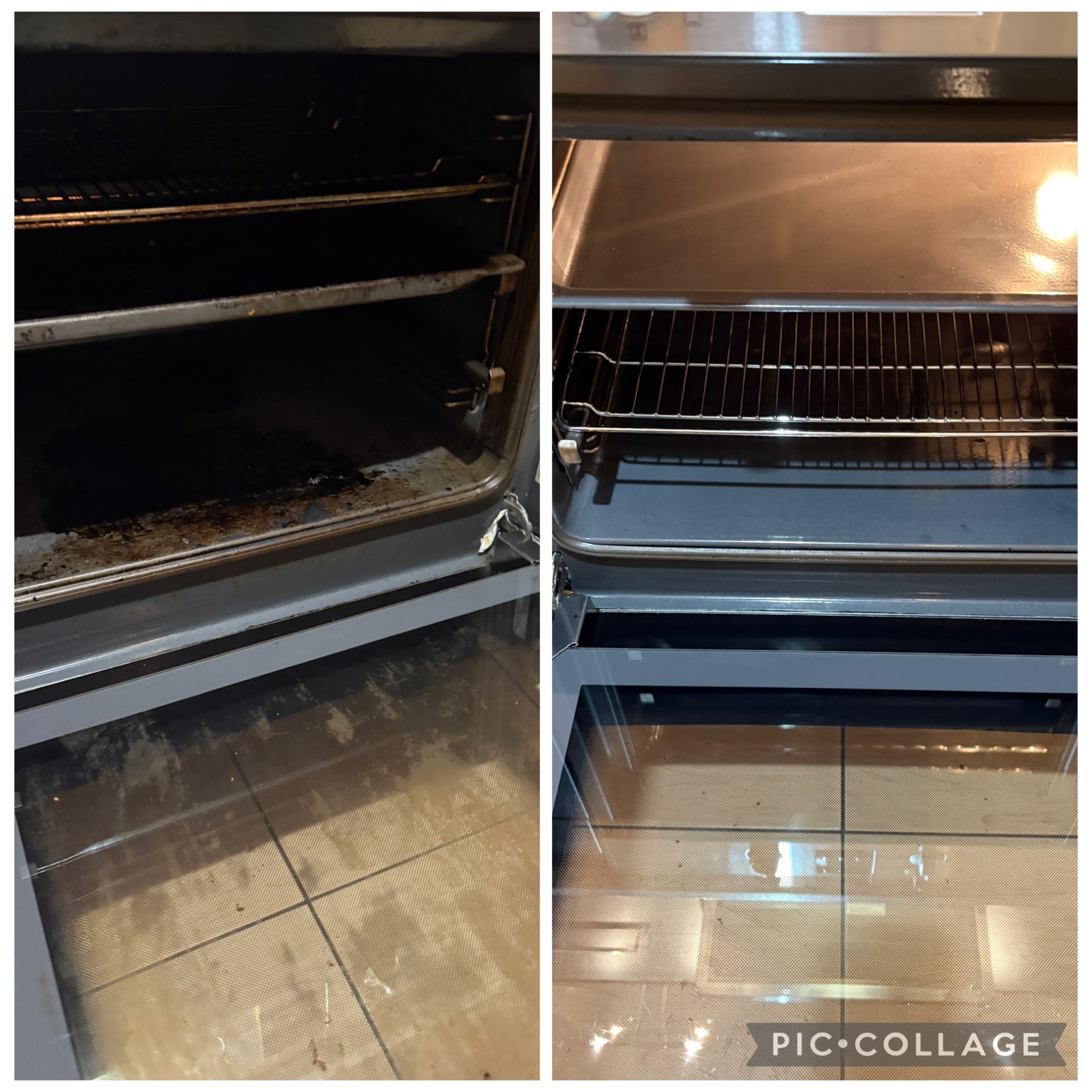 Piekarnik przed i po czyszczeniu: po lewej brudny, z przypalonym tłuszczem, po prawej czysty, z błyszczącymi elementami. Widoczne ruszty i blachy.
