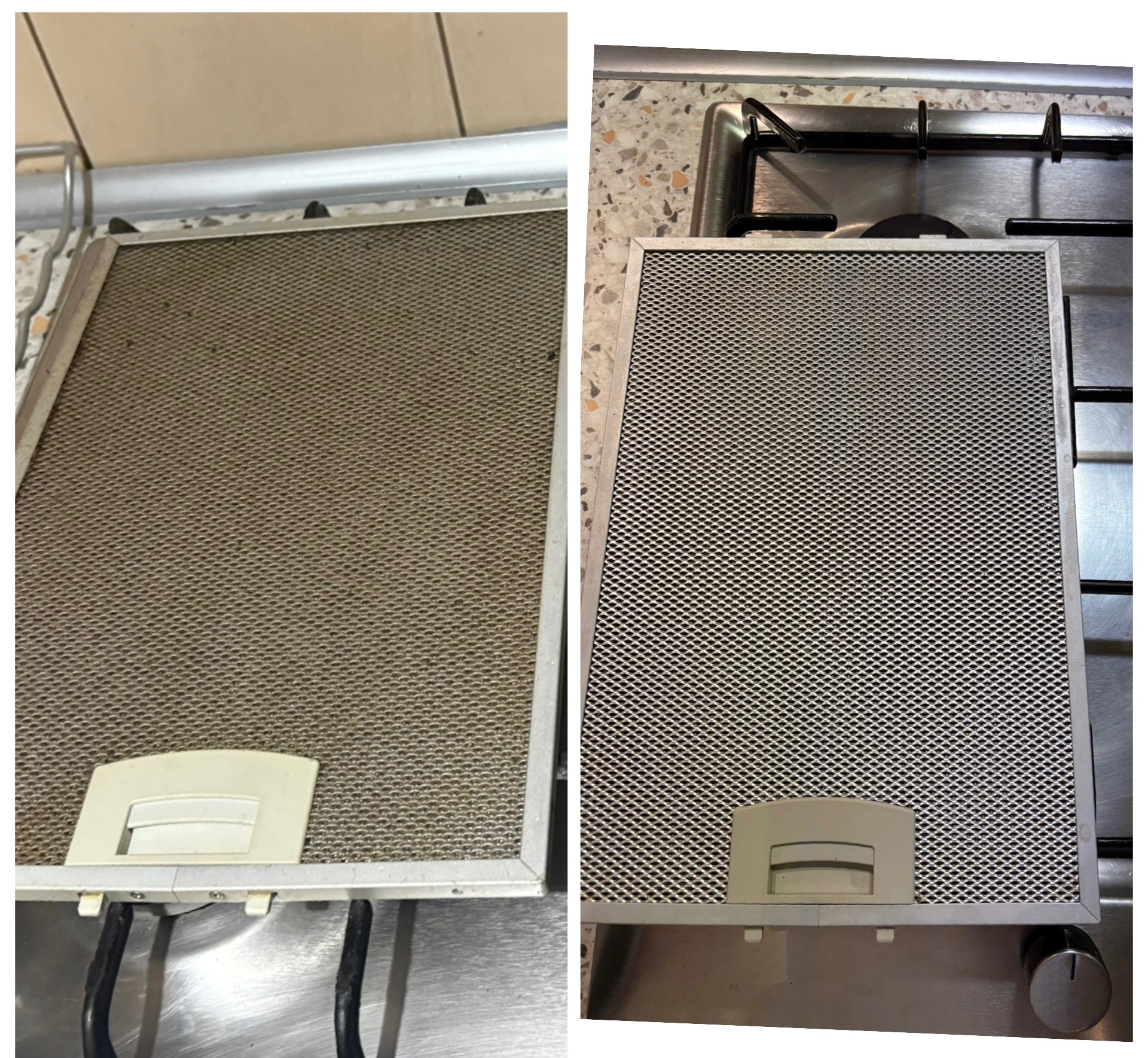 Filtr okapu kuchennego przed i po czyszczeniu, widoczne różnice w zabrudzeniach. Po lewej filtr brudny, po prawej czysty, na tle płyty kuchennej.