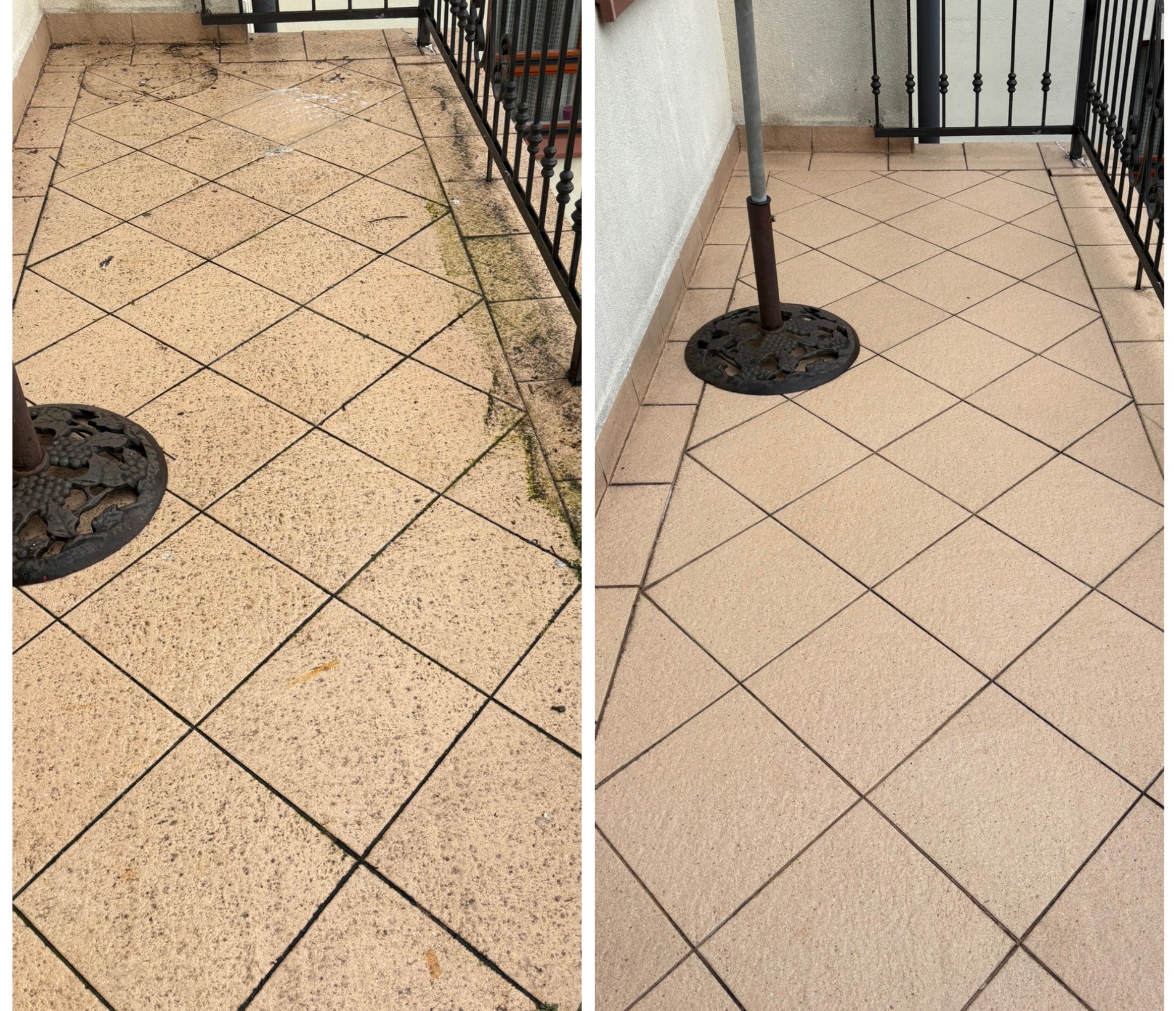 Balkonowe płytki w beżu, efekt przed i po czyszczeniu. Po lewej zaniedbane, z mchem, po prawej odświeżone, czyste. Podstawa parasola w rogu kadru.