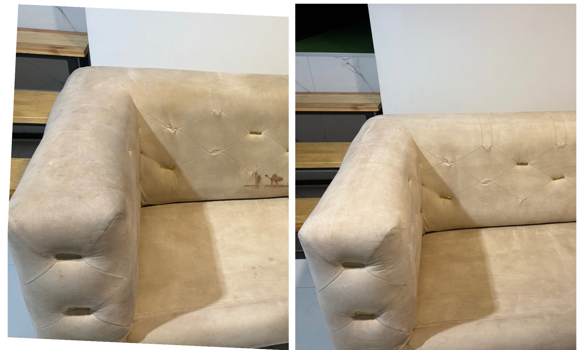 Beżowa sofa z guzikami: po lewej zabrudzona, po prawej czysta. Widoczne efekty czyszczenia tapicerki meblowej, z bliska, z perspektywy klienta.