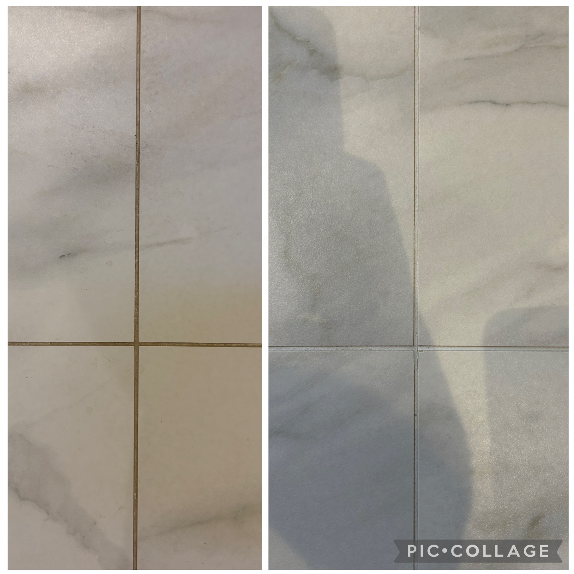 Kafelki podłogowe przed i po czyszczeniu, ukazujące różnicę w odcieniu i usunięciu zabrudzeń. Widoczny efekt odświeżenia i poprawy estetyki podłogi.