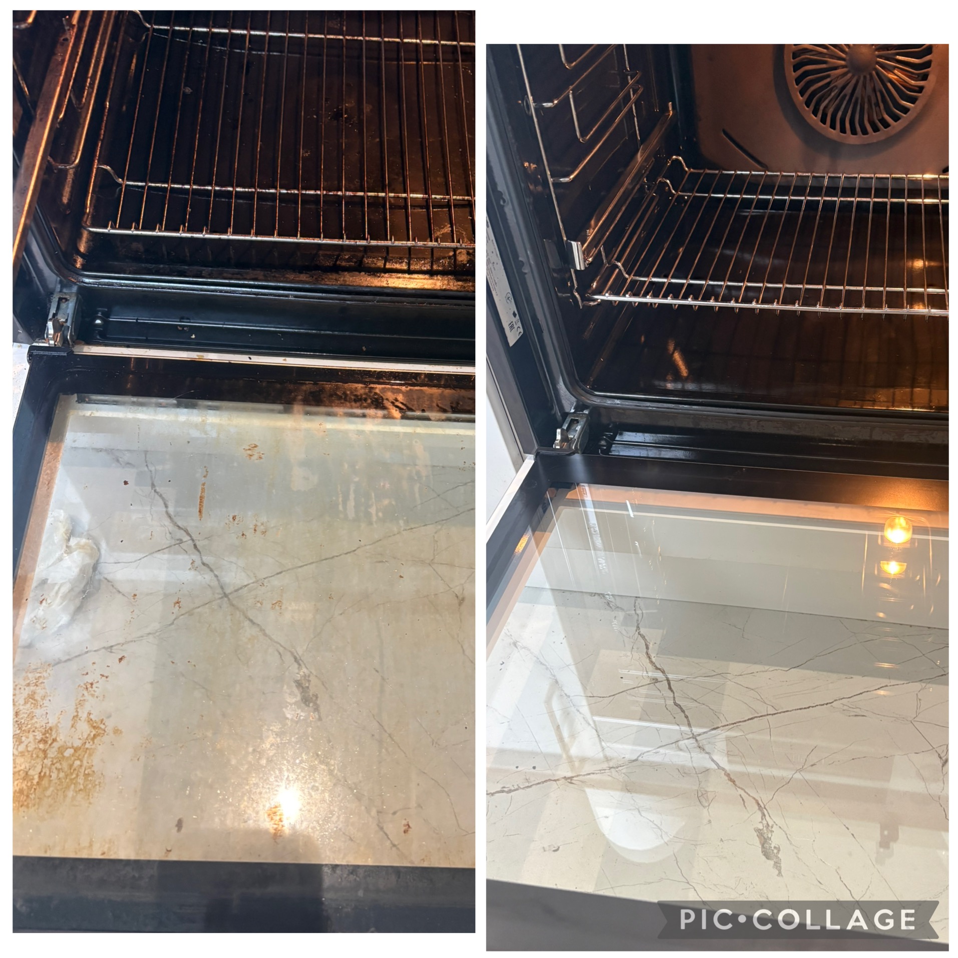 Zdjęcie 'przed i po' czyszczenia piekarnika: brudny piekarnik po lewej, czysty po prawej. Widoczne wnętrze i szklane drzwi piekarnika.