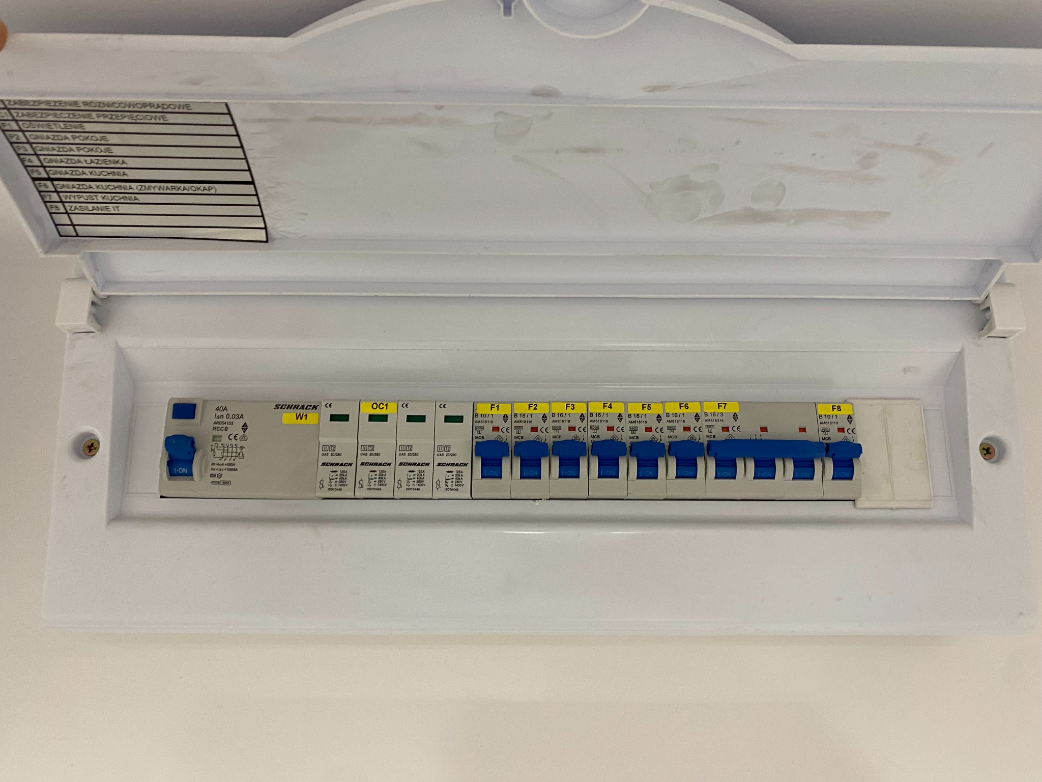 Rozdzielnica natynkowa Schrack z wyłącznikiem RCD i zabezpieczeniami obwodów, estetycznie oznaczona, widoczne gniazda, oświetlenie, urządzenia kuchenne.