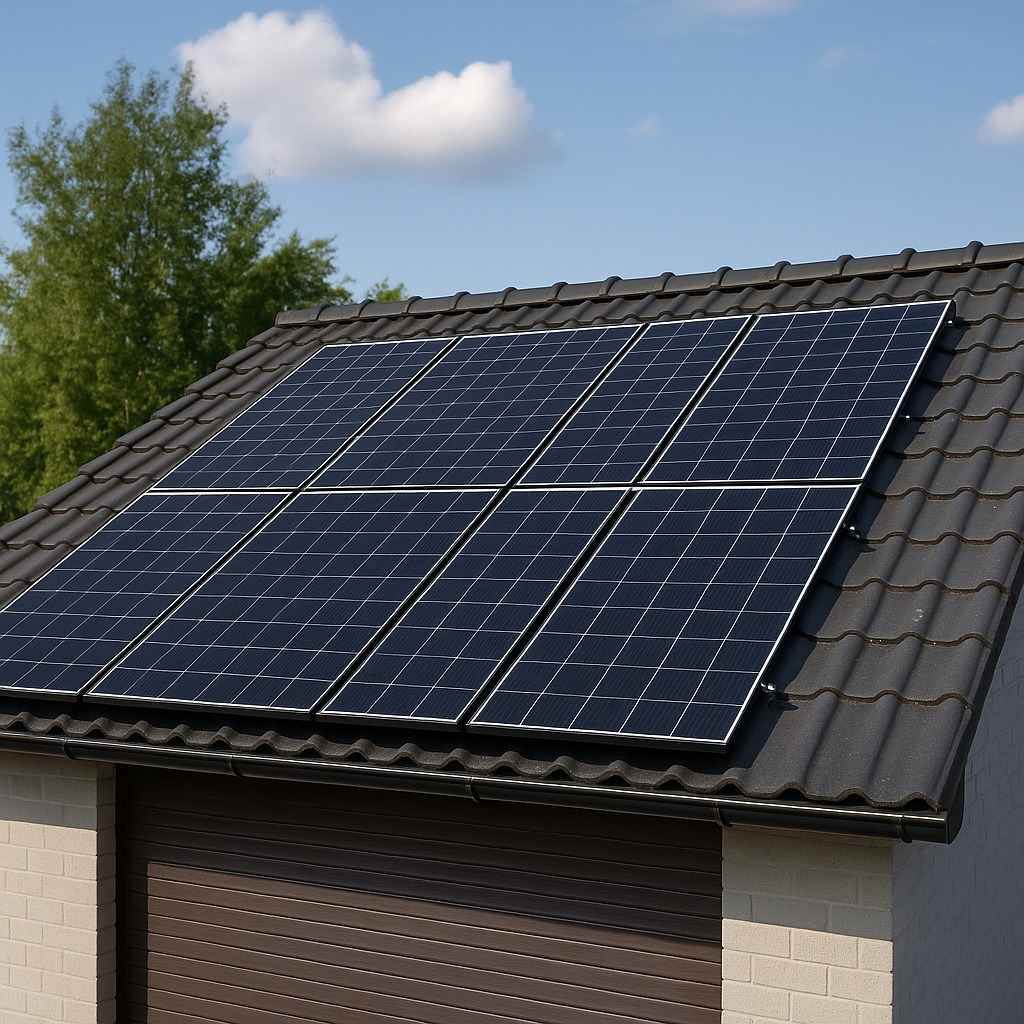 Panele fotowoltaiczne na dachu garażu z ciemną dachówką, błękitne niebo w tle. Widok na instalację z perspektywy lekko z dołu, w słoneczny dzień.