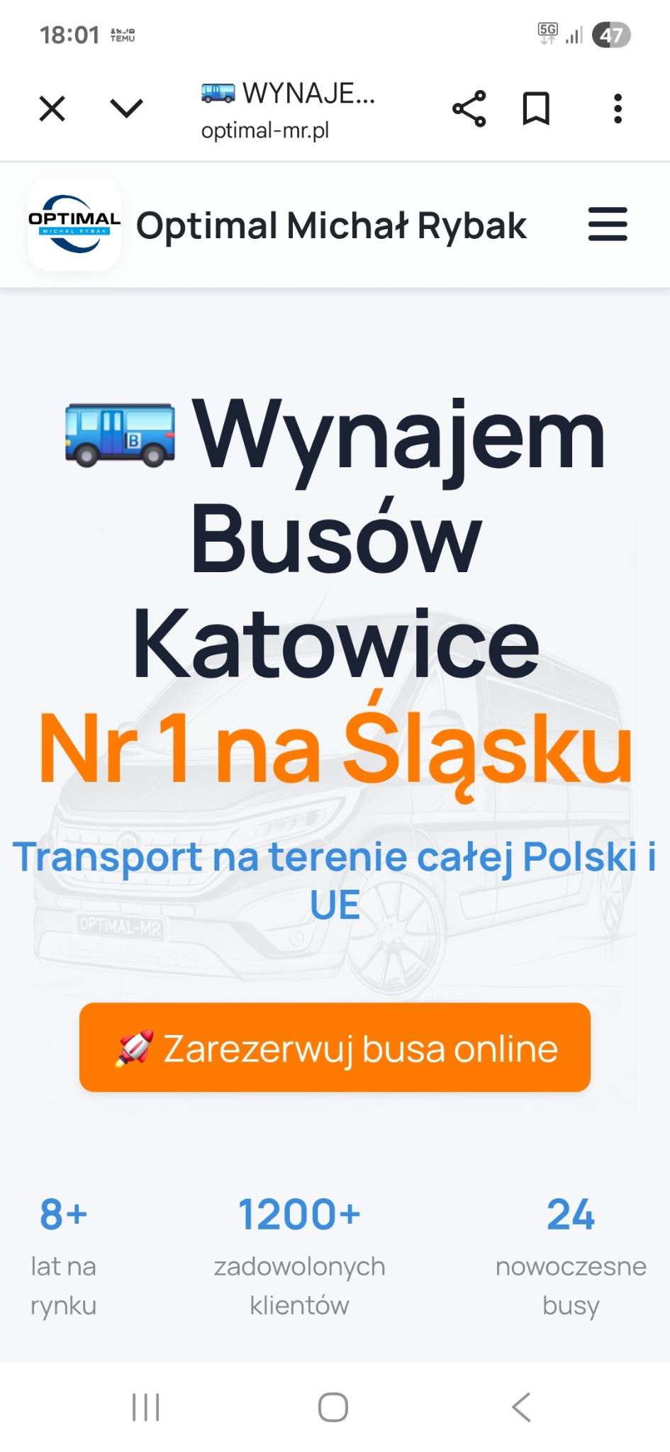 Reklama online: Wynajem busów w Katowicach. Optimal Michał Rybak - transport na terenie całej Polski i UE. Zarezerwuj busa online. 1200+ zadowolonych klientów.
