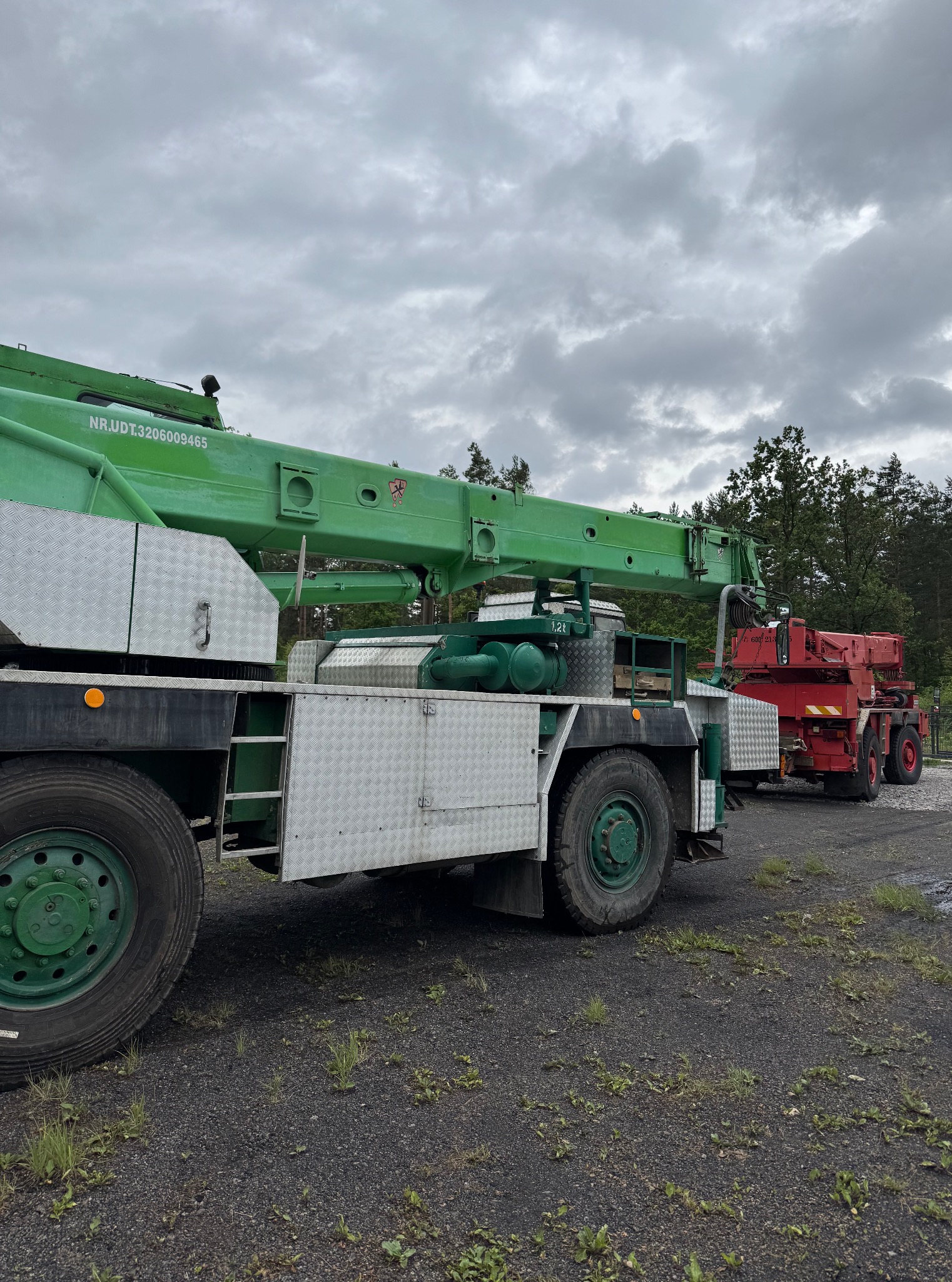 Zielony dźwig samochodowy z numerem UDT na tle pochmurnego nieba i lasu, z czerwonym dźwigiem w tle. Widok z boku, ukazujący detale konstrukcji i opon.