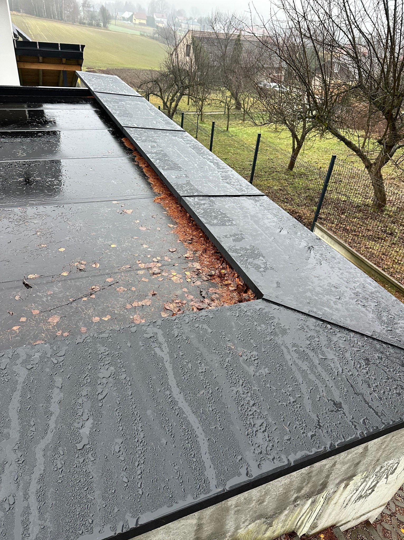 Czarny, mokry dach pokryty liśćmi, z widocznymi kroplami wody. W tle drzewa i budynki w pochmurny dzień. Widok z góry na fragment dachu.