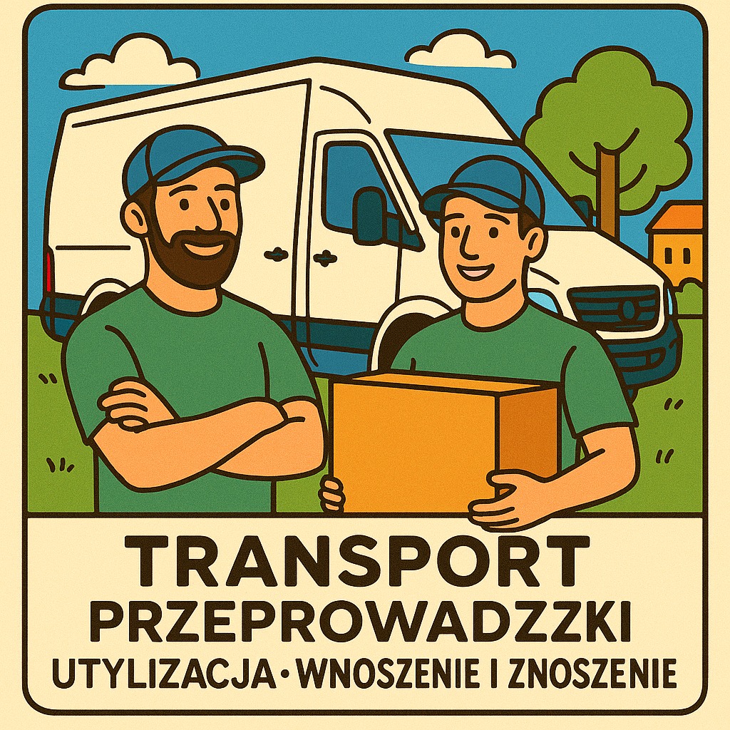Ilustracja: Dwóch uśmiechniętych mężczyzn w czapkach i zielonych koszulkach trzyma karton na tle busa. Napis: Transport, Przeprowadzki, Utylizacja, Wnoszenie i Znoszenie.