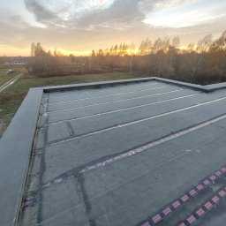 Usługi dekarskie Norbert Szczeblewski - Płaski dach pokryty papą termozgrzewalną z widocznymi pasami łączeń i butelką wody w rogu, na tle zachodzącego słońca i jesiennego krajobrazu.