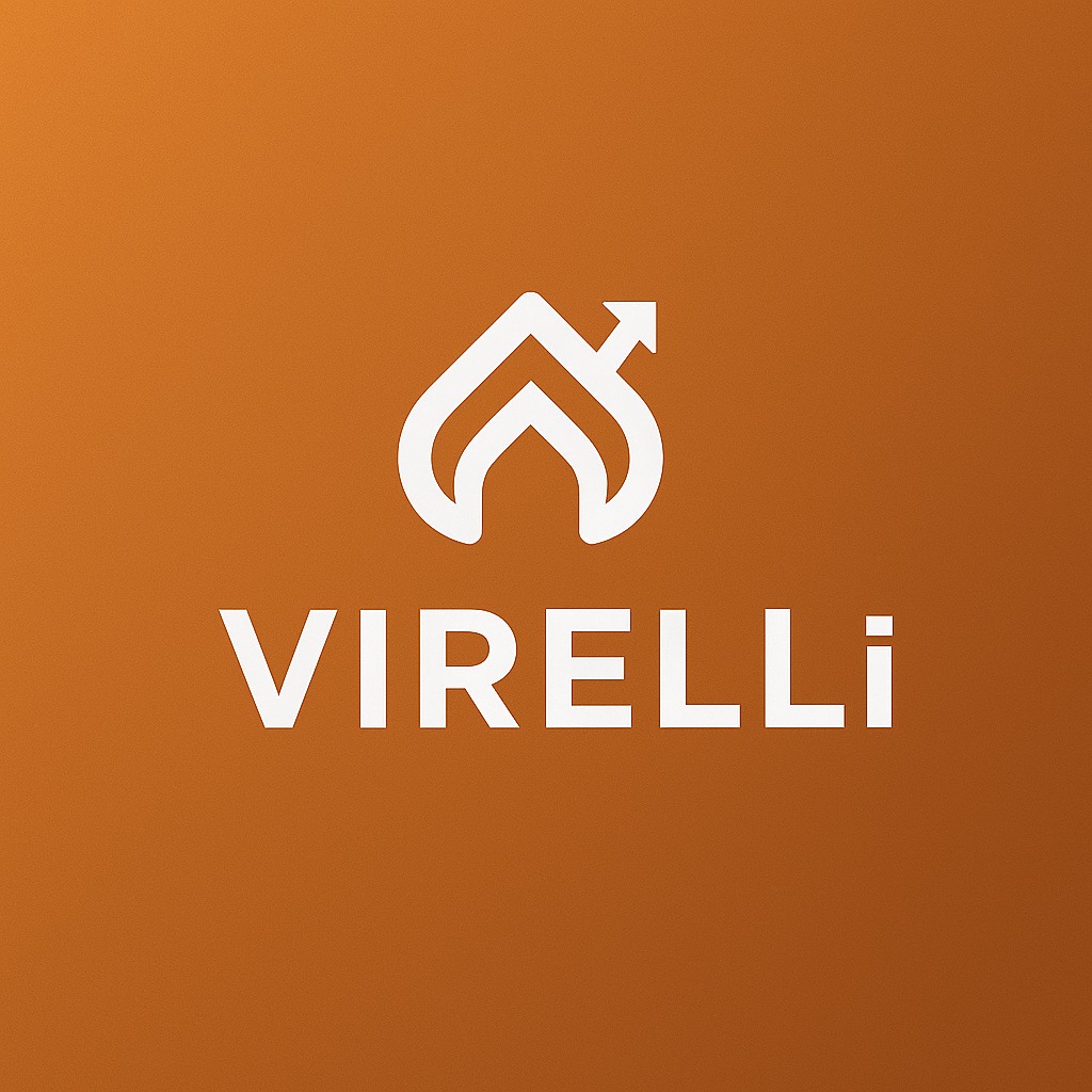 Minimalistyczne logo 'VIRELLI' w bieli na gradientowym, pomarańczowo-brązowym tle. Symbol domu ze strzałką w górę.