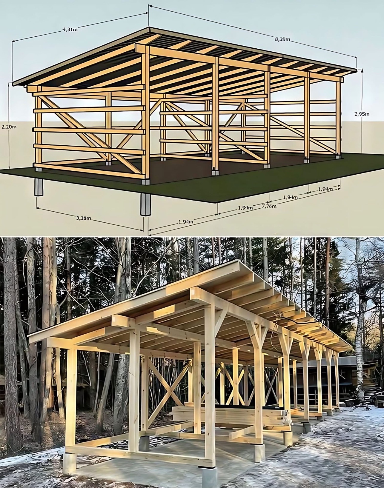 Szkic 3D i zdjęcie w Świebodzinie: drewniana konstrukcja zadaszenia, widoczne słupy, więźba dachowa i elementy obróbki. Realizacja w otoczeniu drzew.