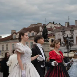 Grupa osób w stylizowanych, historycznych strojach spaceruje po placu miejskim. Kobiety w sukniach balowych, mężczyzna w smokingu. Tło stanowi architektura miasta.