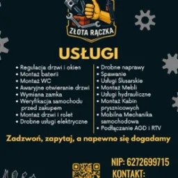 Grafika reklamowa: Mobilne usługi złota rączka Daniel Pawlica. Regulacja drzwi, montaż baterii, spawanie, drobne usługi elektryczne, hydrauliczne i ślusarskie.