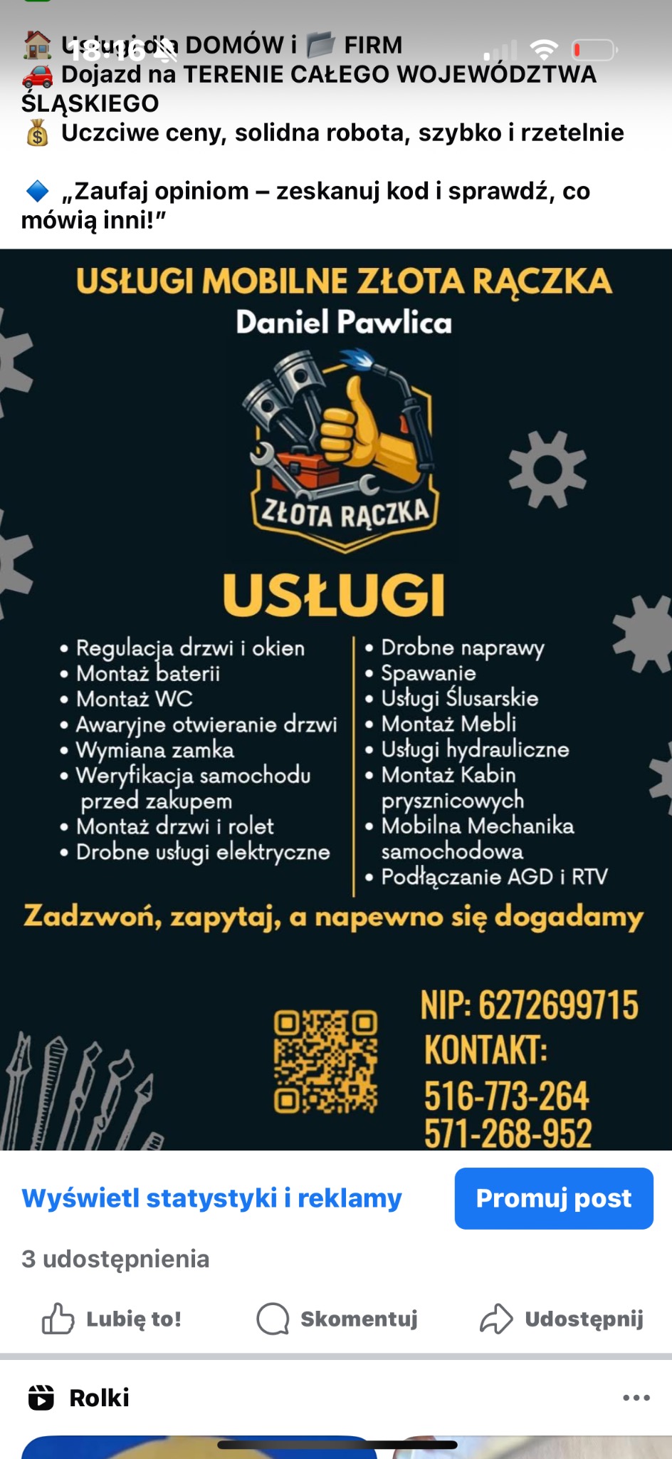 Grafika reklamowa: Mobilne usługi złota rączka Daniel Pawlica. Regulacja drzwi, montaż baterii, spawanie, drobne usługi elektryczne, hydrauliczne i ślusarskie.