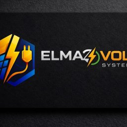 Graficzne logo firmy Elmaz Volt System: panel słoneczny, błyskawica i wtyczka w heksagonie na czarnym tle. Nowoczesny design dla branży fotowoltaicznej.