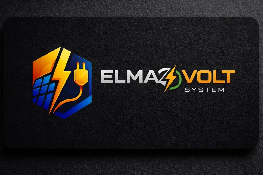 Graficzne logo firmy Elmaz Volt System: panel słoneczny, błyskawica i wtyczka w heksagonie na czarnym tle. Nowoczesny design dla branży fotowoltaicznej.