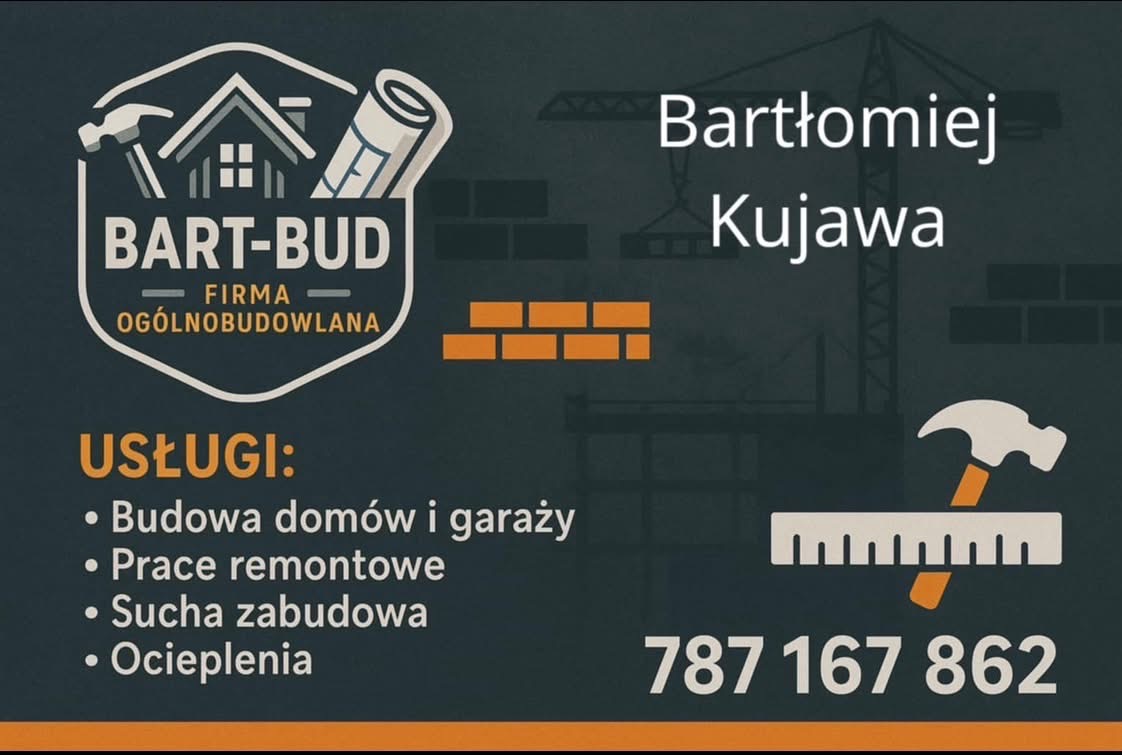 Wizytówka firmy budowlanej Bart-Bud z logo, listą usług (budowa domów, remonty, zabudowa, ocieplenia) i numerem telefonu na ciemnym tle z grafiką muru i dźwigu.