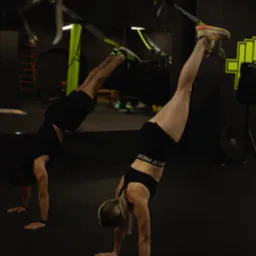 Dwie osoby w trakcie ćwiczeń w ciemnej siłowni, wykonujące stanie na rękach z użyciem taśm TRX. Kobieta w sportowym stroju Nike, mężczyzna w czarnym t-shircie i spodenkach.