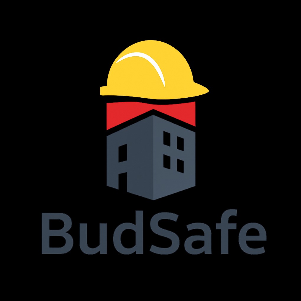 Grafika: Stylizowany budynek z żółtym kaskiem na dachu, logo 'BudSafe' poniżej. Symbolizuje bezpieczeństwo budowlane i ochronę w miejscu pracy.