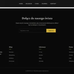 Elegancki układ strony internetowej ÉCLAT z menu, newsletterem i stopką. Minimalistyczny design z czarnym tłem i złotymi akcentami. Prezentacja strony www.