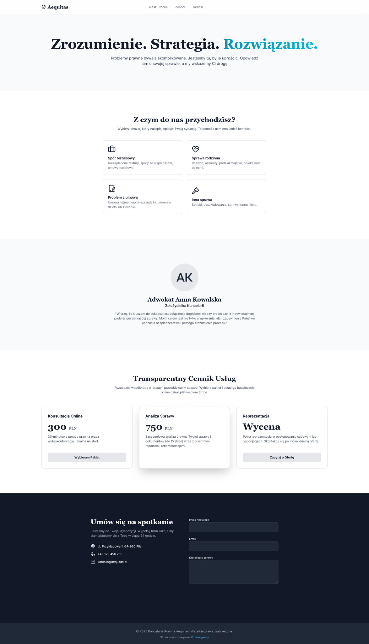 Strona kancelarii prawnej: nagłówek z hasłem, sekcja z obszarami spraw, sylwetka adwokata, cennik usług online i formularz kontaktowy. Minimalistyczny design.