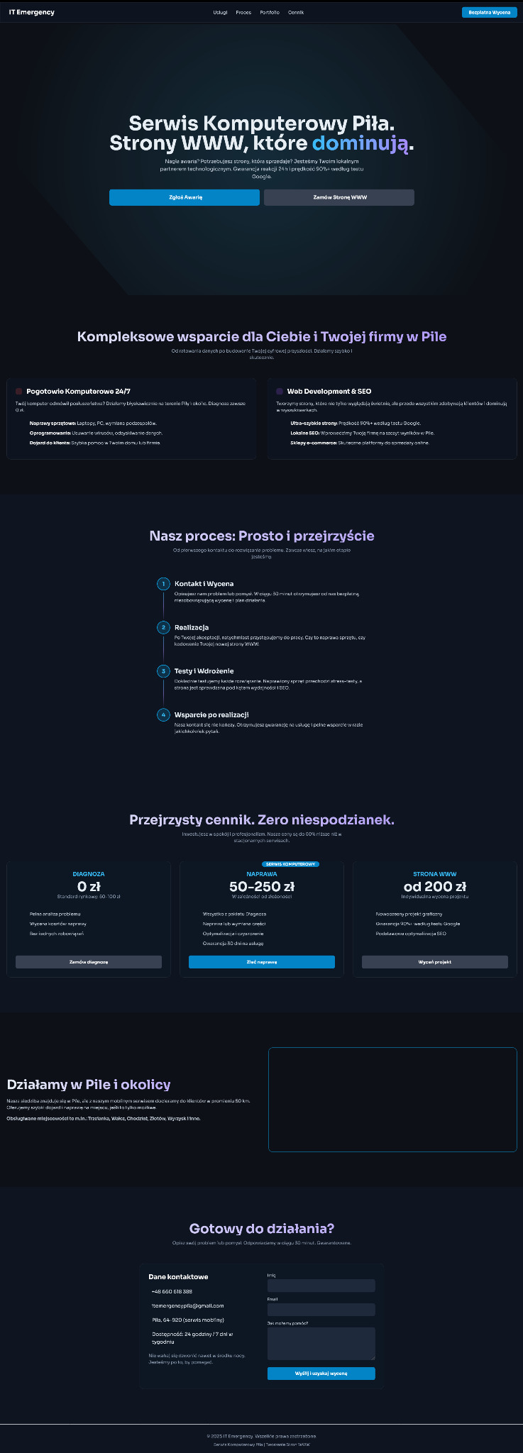 Nowoczesny wygląd strony internetowej firmy IT Emergency z Piły, oferującej pogotowie komputerowe 24/7, web development i SEO. Przejrzysty cennik usług.