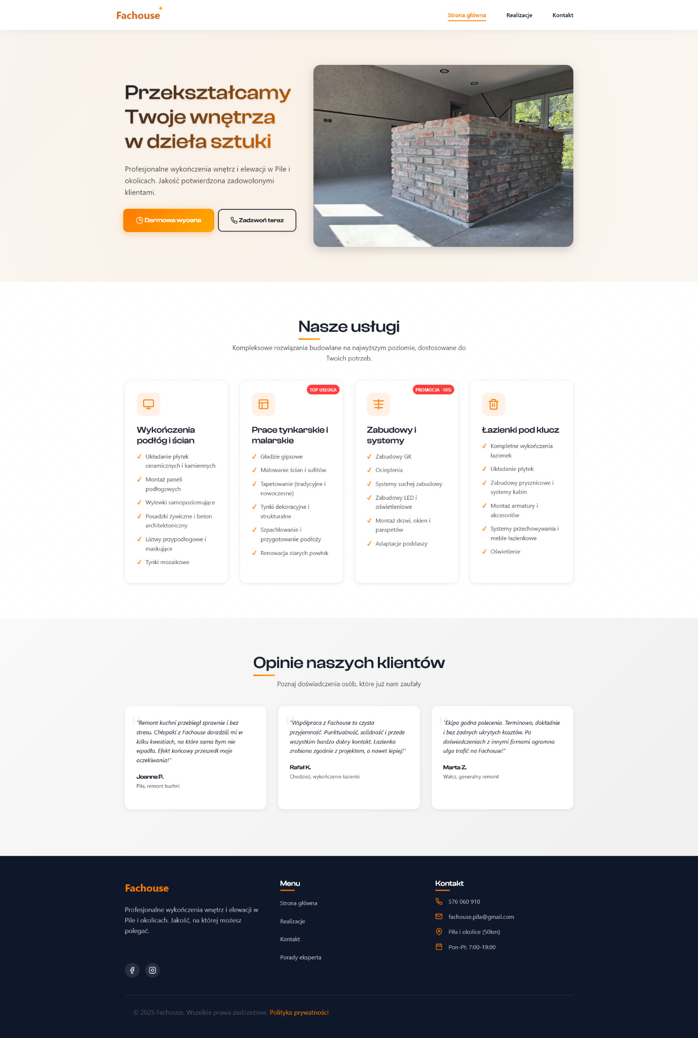 Strona internetowa firmy Fachouse z ofertą wykończenia wnętrz i elewacji, prezentująca usługi: wykończenia podłóg, prace tynkarskie, zabudowy i łazienki pod klucz.