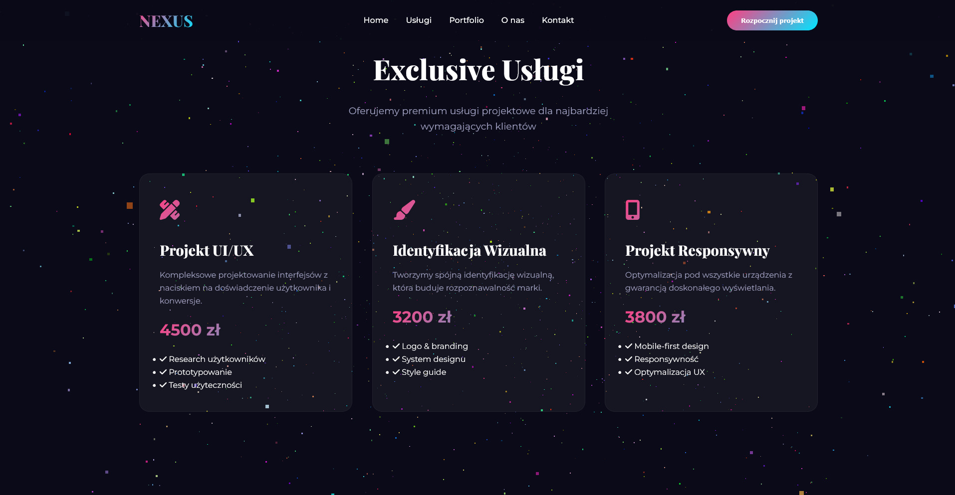 Prezentacja usług agencji interaktywnej: Projekt UI/UX, Identyfikacja Wizualna, Projekt Responsywny. Ciemne tło z kolorowymi akcentami, nowoczesny design.