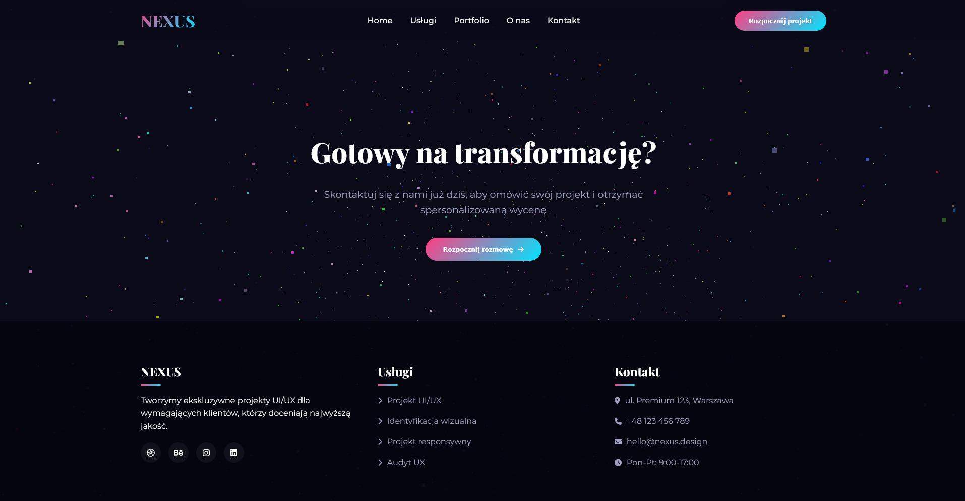 Nowoczesny układ strony internetowej z ciemnym tłem w kosmicznym stylu, z nagłówkiem 'Gotowy na transformację?' i przyciskiem 'Rozpocznij rozmowę'.