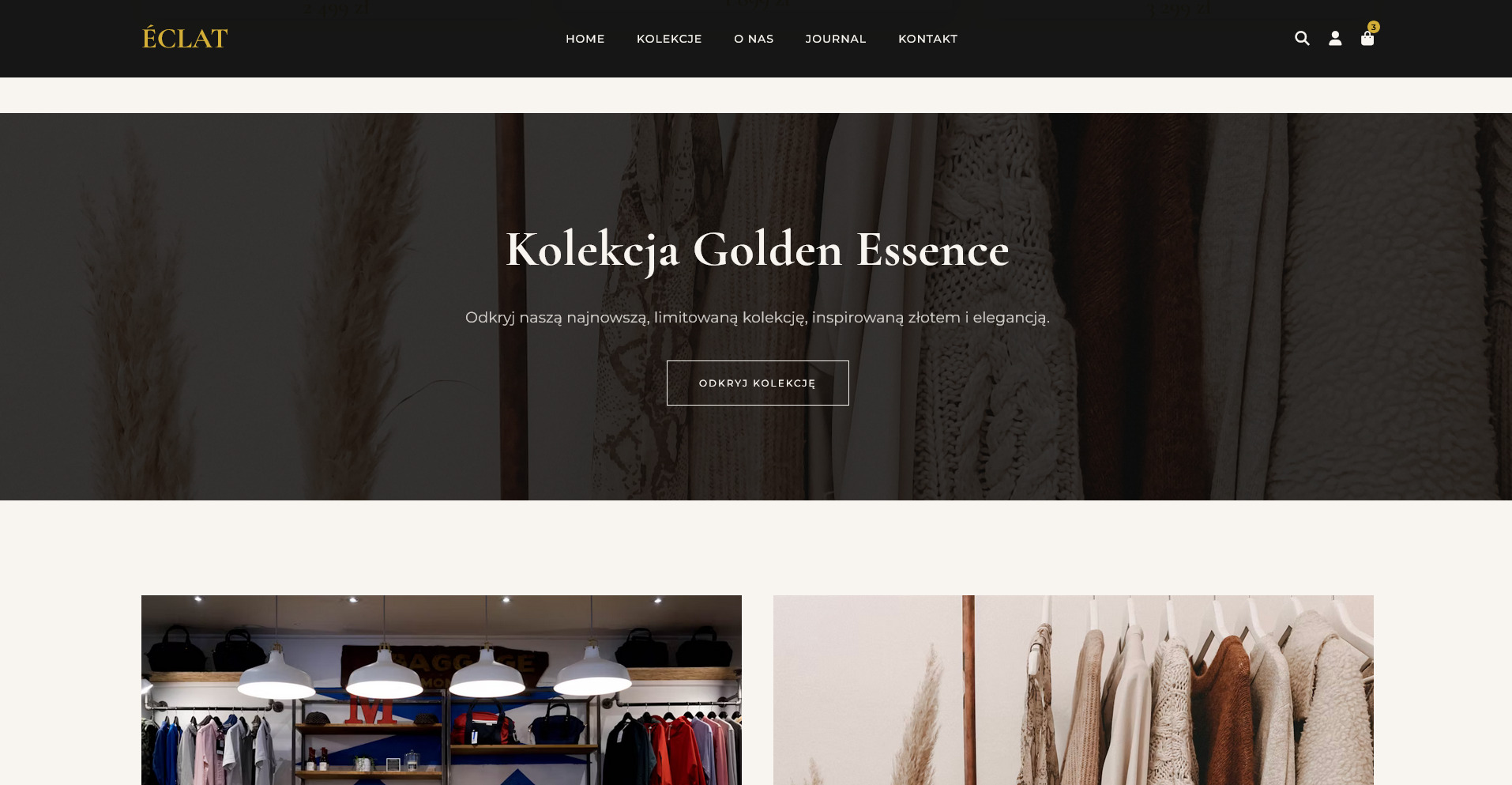 Strona internetowa sklepu odzieżowego ÉCLAT prezentuje kolekcję 'Golden Essence' z subtelnym tłem i minimalistycznym designem. W tle widoczne ubrania na wieszakach.