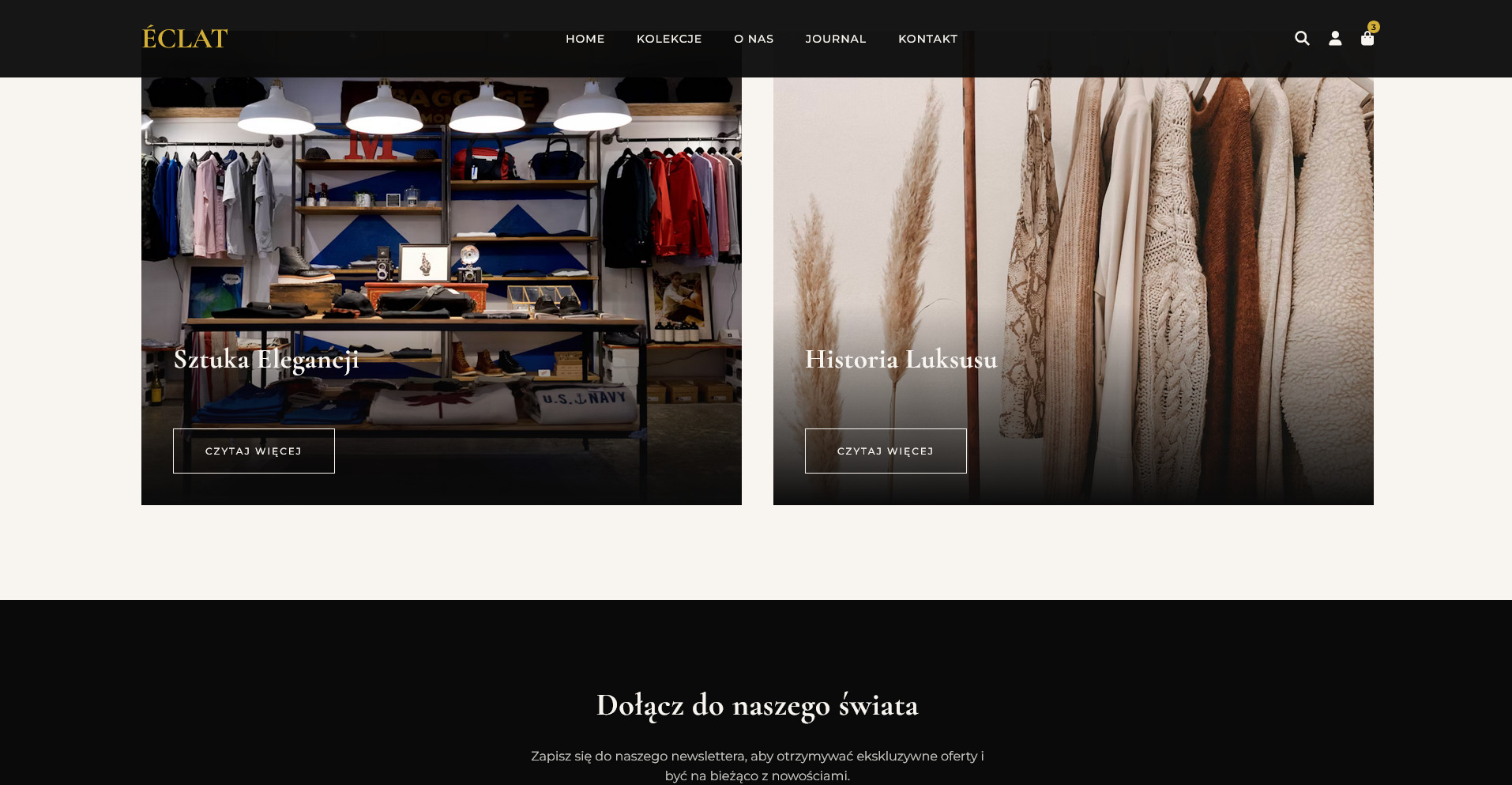 E-commerce: strona internetowa sklepu odzieżowego z sekcjami 'Sztuka Elegancji' i 'Historia Luksusu', prezentująca asortyment i zapraszająca do newslettera.