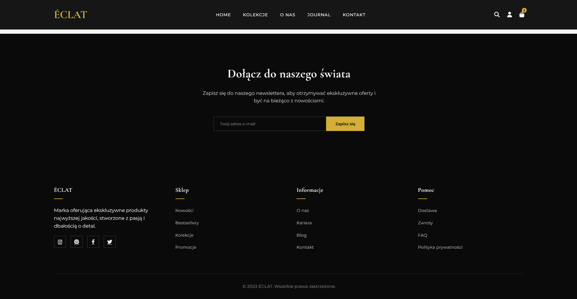 Elegancki układ strony internetowej ÉCLAT z menu, newsletterem i stopką. Minimalistyczny design z czarnym tłem i złotymi akcentami. Prezentacja strony www.