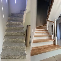 Schodovo Dom - Remont schodów: surowe betonowe stopnie przed renowacją i odnowione drewniane schody z białą balustradą po remoncie, widok z dołu.
