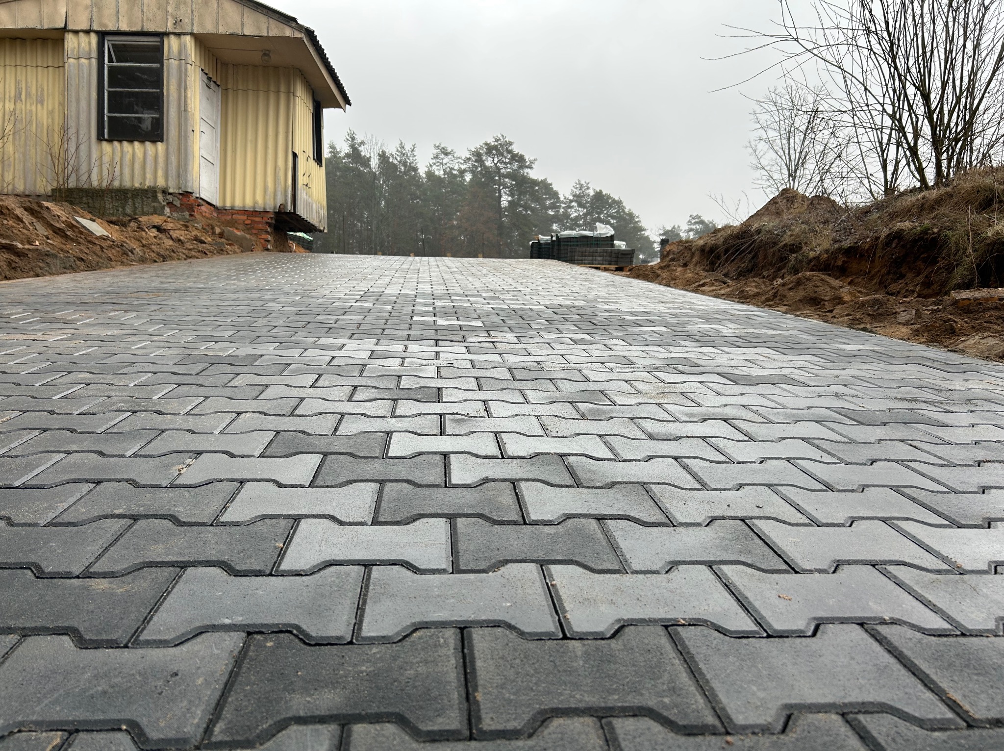 Ułożona szara kostka brukowa prowadząca w kierunku budynku i drzew na horyzoncie. Widok z niskiej perspektywy podkreśla wzór kostki i jej ułożenie.