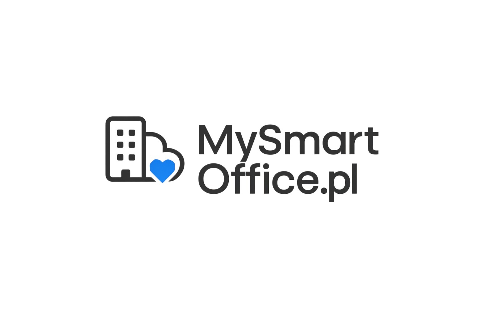 Logo firmy MySmartOffice.pl: ikona budynku z sercem i nazwą domeny. Minimalistyczny design na białym tle, sugerujący nowoczesne usługi biurowe.