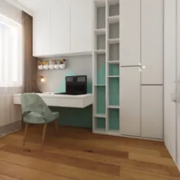 Nowoczesny pokój ucznia z biurkiem, krzesłem w odcieniach zieleni i białymi meblami. Na biurku laptop, a na ścianie dekoracyjne pojemniki na przybory.