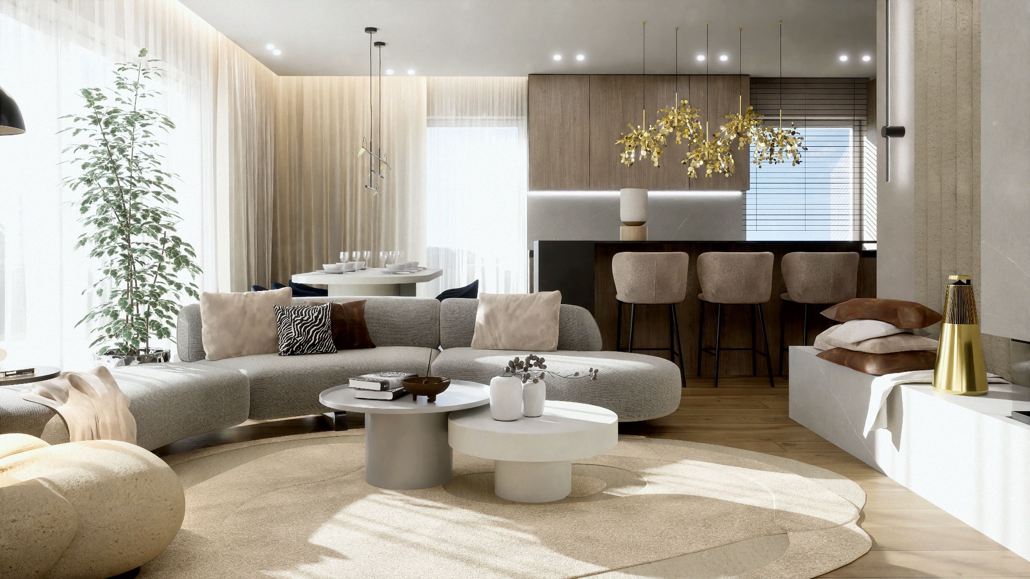 Stylowe wnętrze: szara sofa z poduszkami, okrągłe stoliki kawowe, drewniana zabudowa kuchenna z barkiem. Złote lampy nad blatem, duże okno z zasłonami.