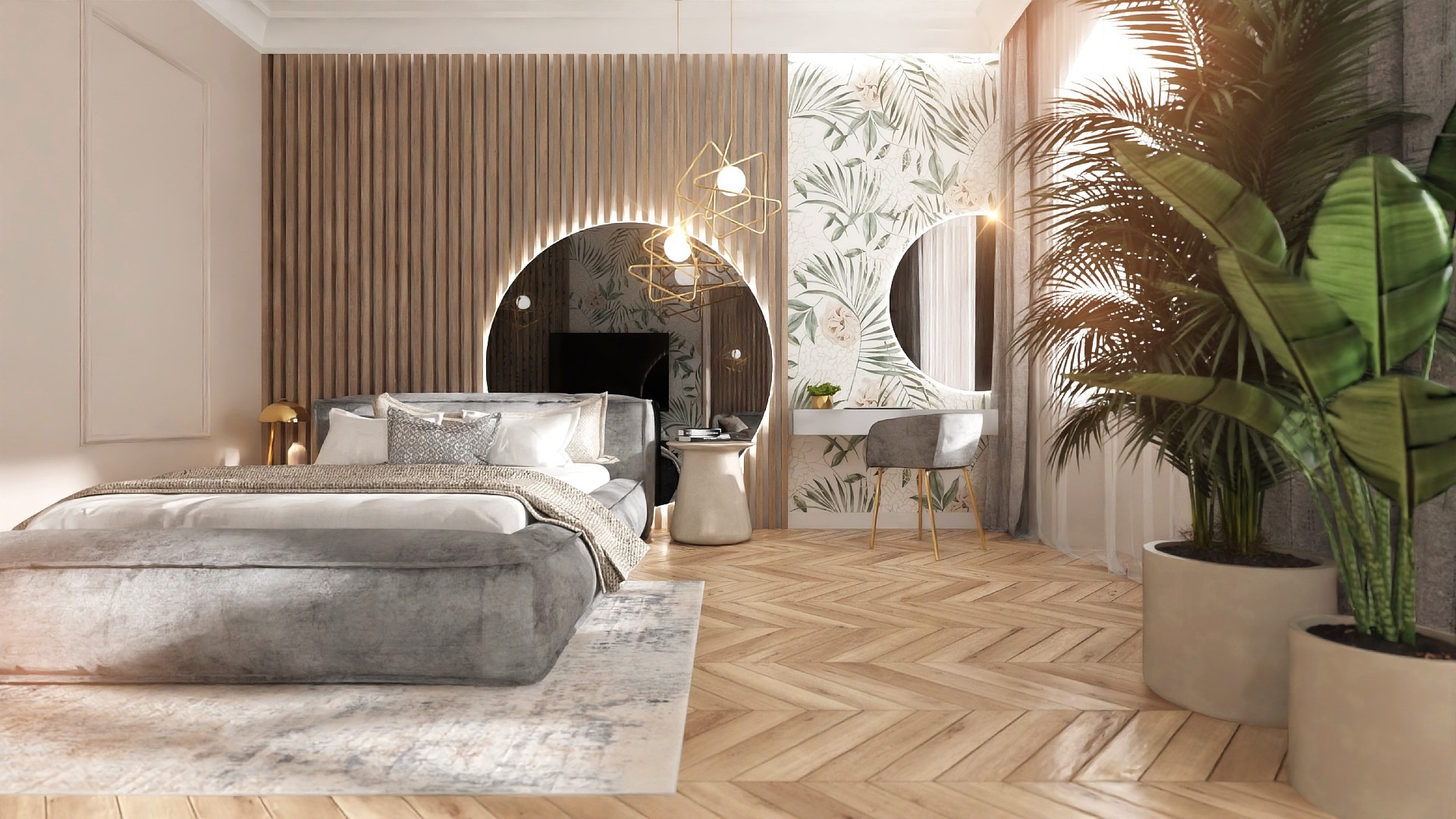 Nowoczesna sypialnia z łóżkiem, toaletką i okrągłymi lustrami. Drewniane panele ścienne i tapeta w tropikalne liście tworzą unikalny klimat. Parkiet w jodełkę.