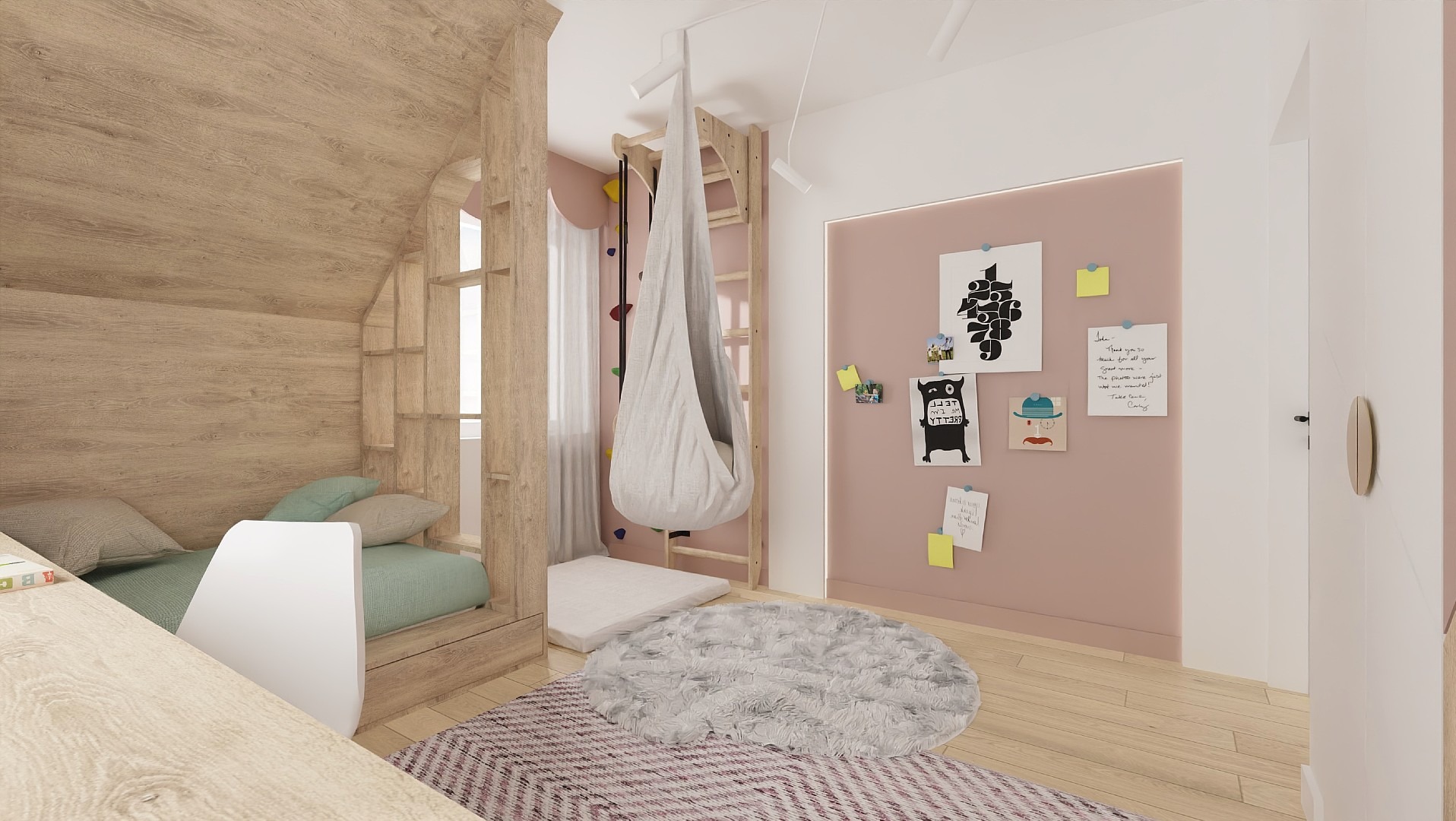 Pokój dziecięcy z drewnianym łóżkiem w kształcie domku, ścianką wspinaczkową i wiszącym fotelem. Pastelowa kolorystyka, dywan w kwiaty, plakaty na ścianie.