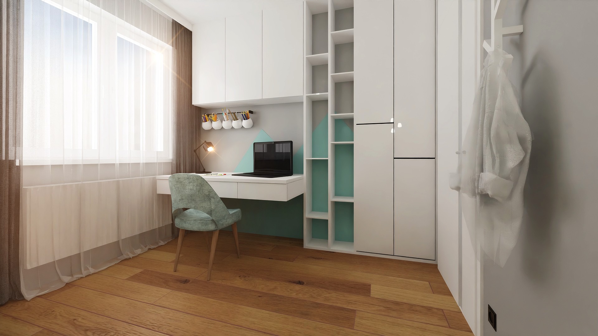 Nowoczesny pokój ucznia z biurkiem, krzesłem w odcieniach zieleni i białymi meblami. Na biurku laptop, a na ścianie dekoracyjne pojemniki na przybory.