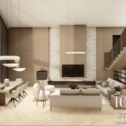 10na10 Studio Architekt Wnętrz Białystok - Wnętrze domu w neutralnych barwach z drewnianą okładziną i kamiennymi akcentami. Duże okna, schody z szklaną balustradą i designerskie lampy tworzą nowoczesną przestrzeń.