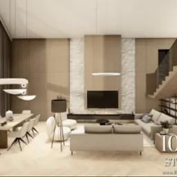 Wnętrze domu w neutralnych barwach z drewnianą okładziną i kamiennymi akcentami. Duże okna, schody z szklaną balustradą i designerskie lampy tworzą nowoczesną przestrzeń.