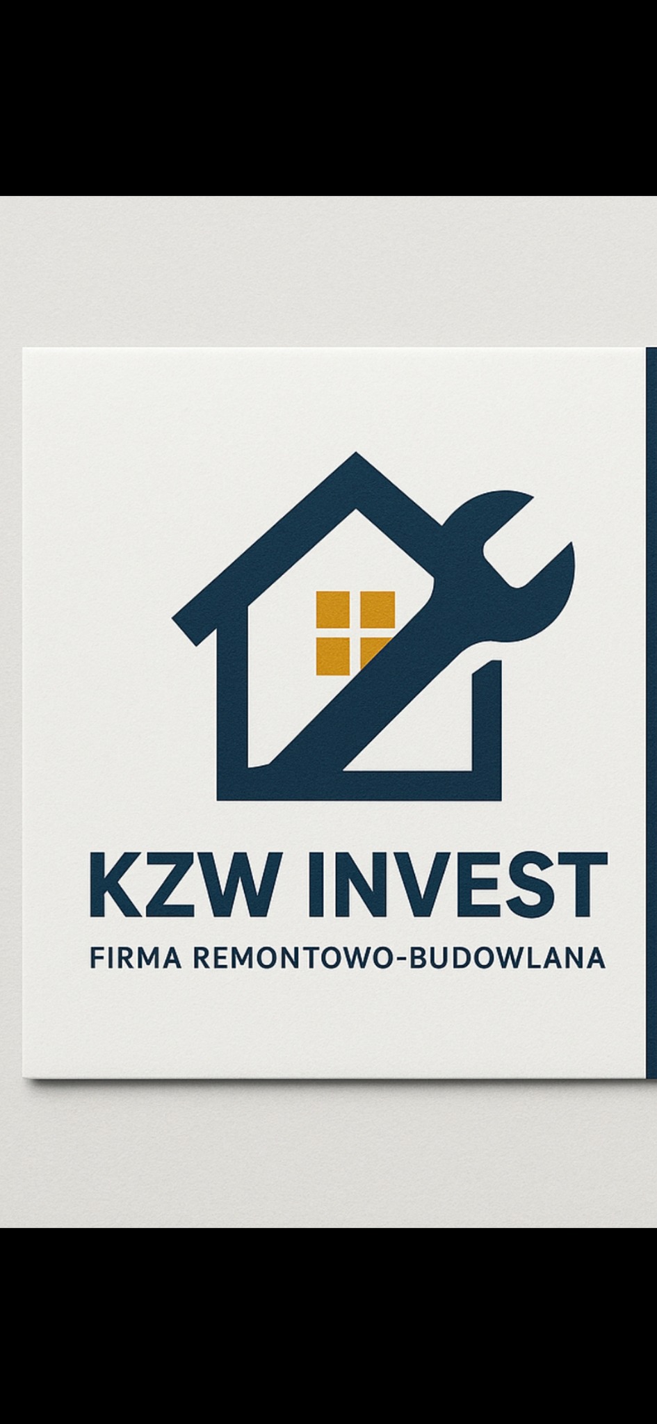 Logo firmy remontowo-budowlanej KZV Invest: grafika domu z oknem i kluczem francuskim na białym tle.