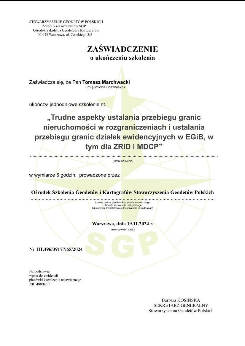 Zaświadczenie o ukończeniu szkolenia geodezyjnego dla Tomasza Marchwackiego, wydane przez Stowarzyszenie Geodetów Polskich, Warszawa, 19.11.2024.