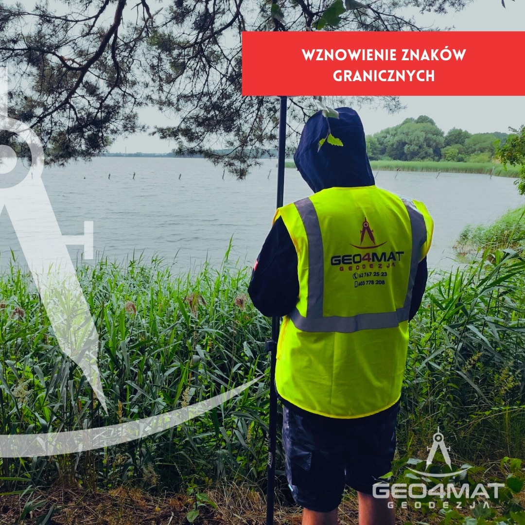 Pracownik w kamizelce odblaskowej, z logo firmy, podczas wznawiania znaków granicznych nad jeziorem. Widok z tyłu, na pierwszym planie wysoka trawa.