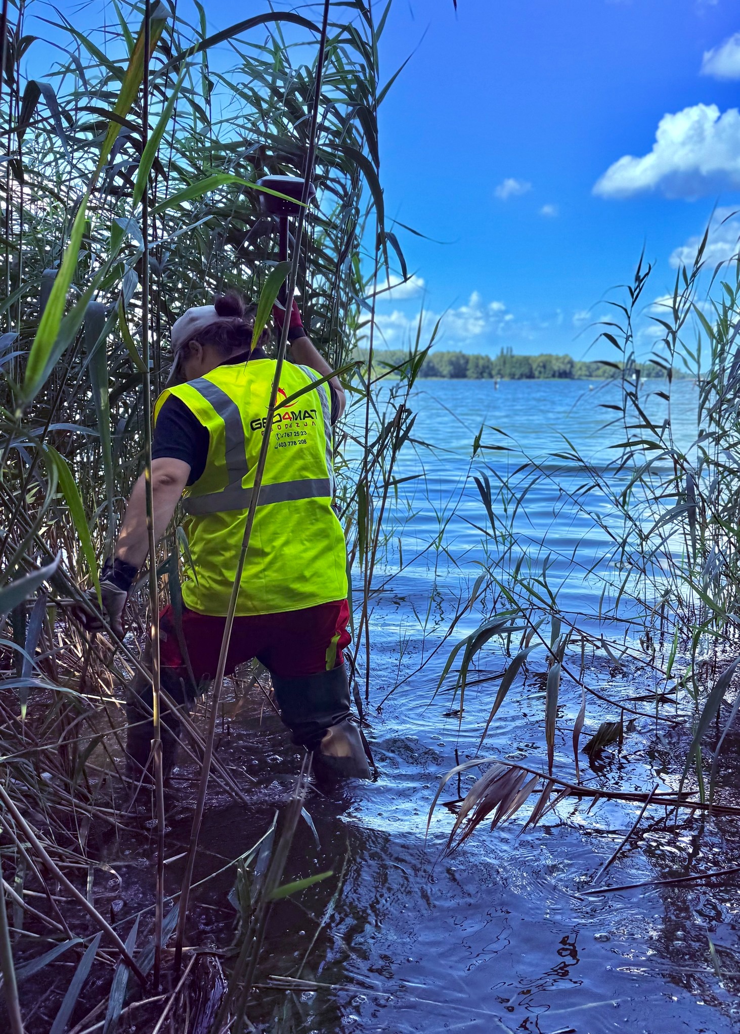 Osoba w odblaskowej kamizelce, brodząc w wodzie z wysoką roślinnością, prawdopodobnie wykonuje pomiary geodezyjne w trudnym terenie wodnym.