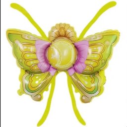 Misja Ruch Malgorzata Zekaj - Żółto-zielony balon foliowy w kształcie skrzydeł motyla z różową kokardą i księżycem w środku, na białym tle. Dekoracja na imprezę tematyczną.