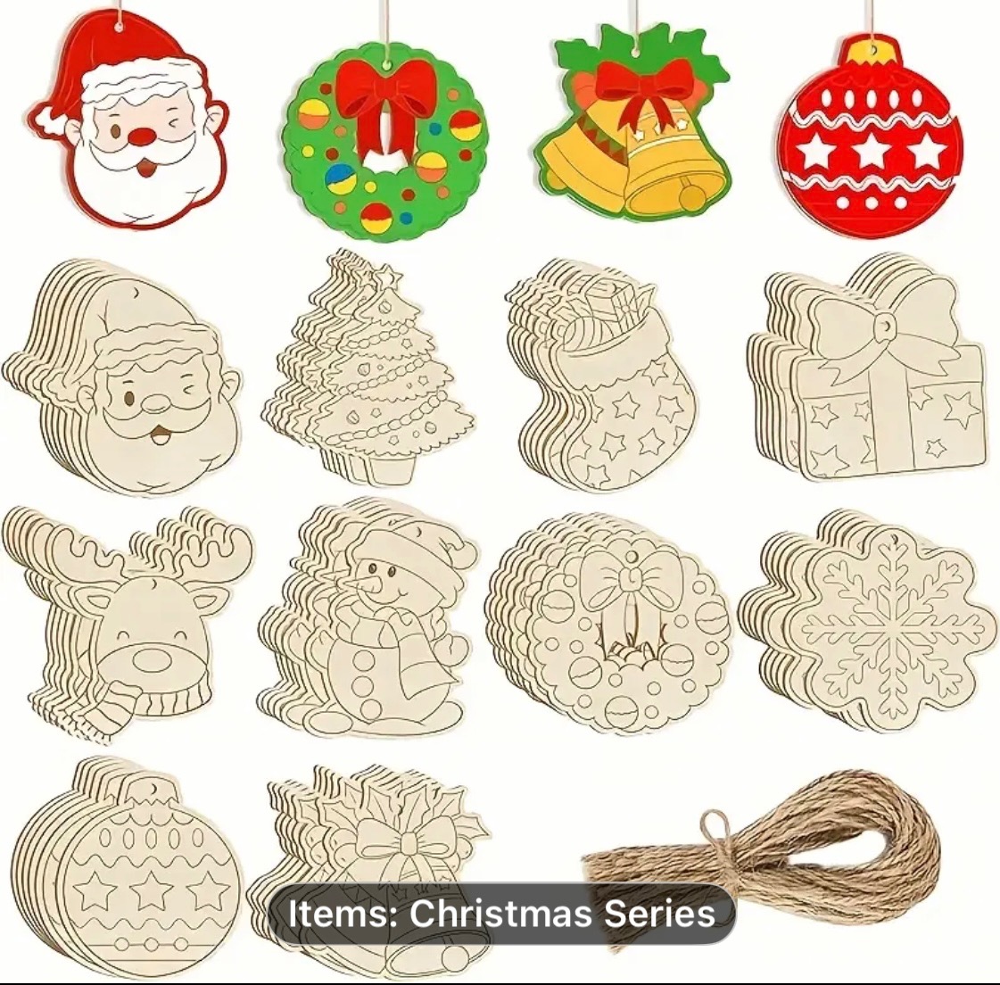 Zestaw świątecznych ozdób: kolorowe i drewniane zawieszki (Mikołaj, wieniec, dzwonki, bombka) oraz sznurek jutowy. Idealne na imprezy tematyczne i dekoracje.