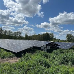 EKO POWER ENERGIA sp.zoo - Rozległa farma paneli słonecznych na zielonym terenie pod błękitnym niebem z obłokami, widok z poziomu gruntu, zieleń na pierwszym planie.
