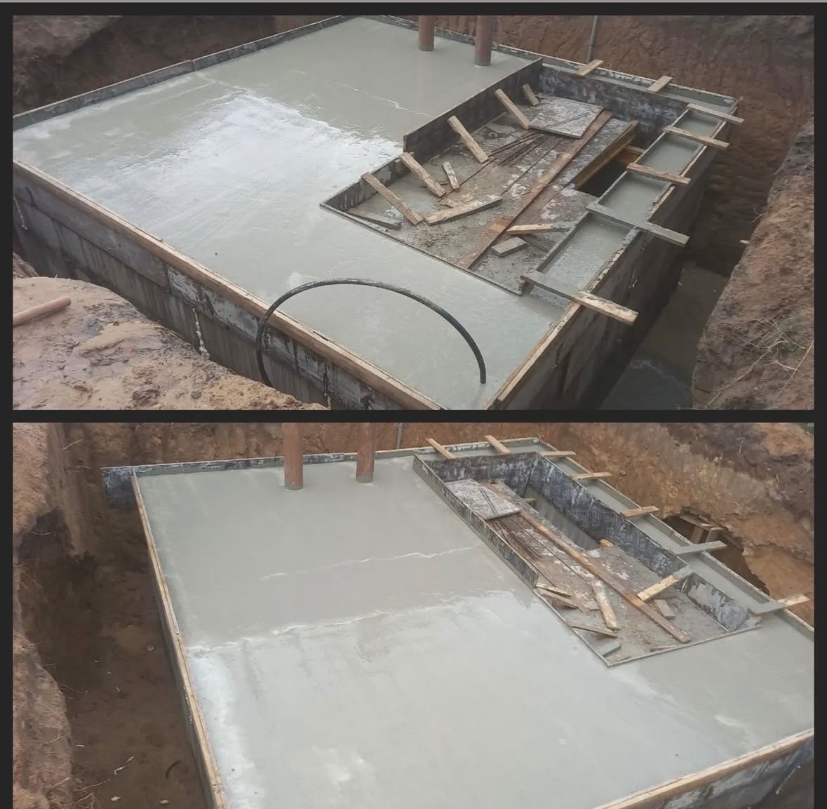Zalany betonem fundament z drewnianym szalunkiem, widoczne rury i wystające słupy. Zdjęcie z góry, ukazuje etap prac przy wylewaniu fundamentów.